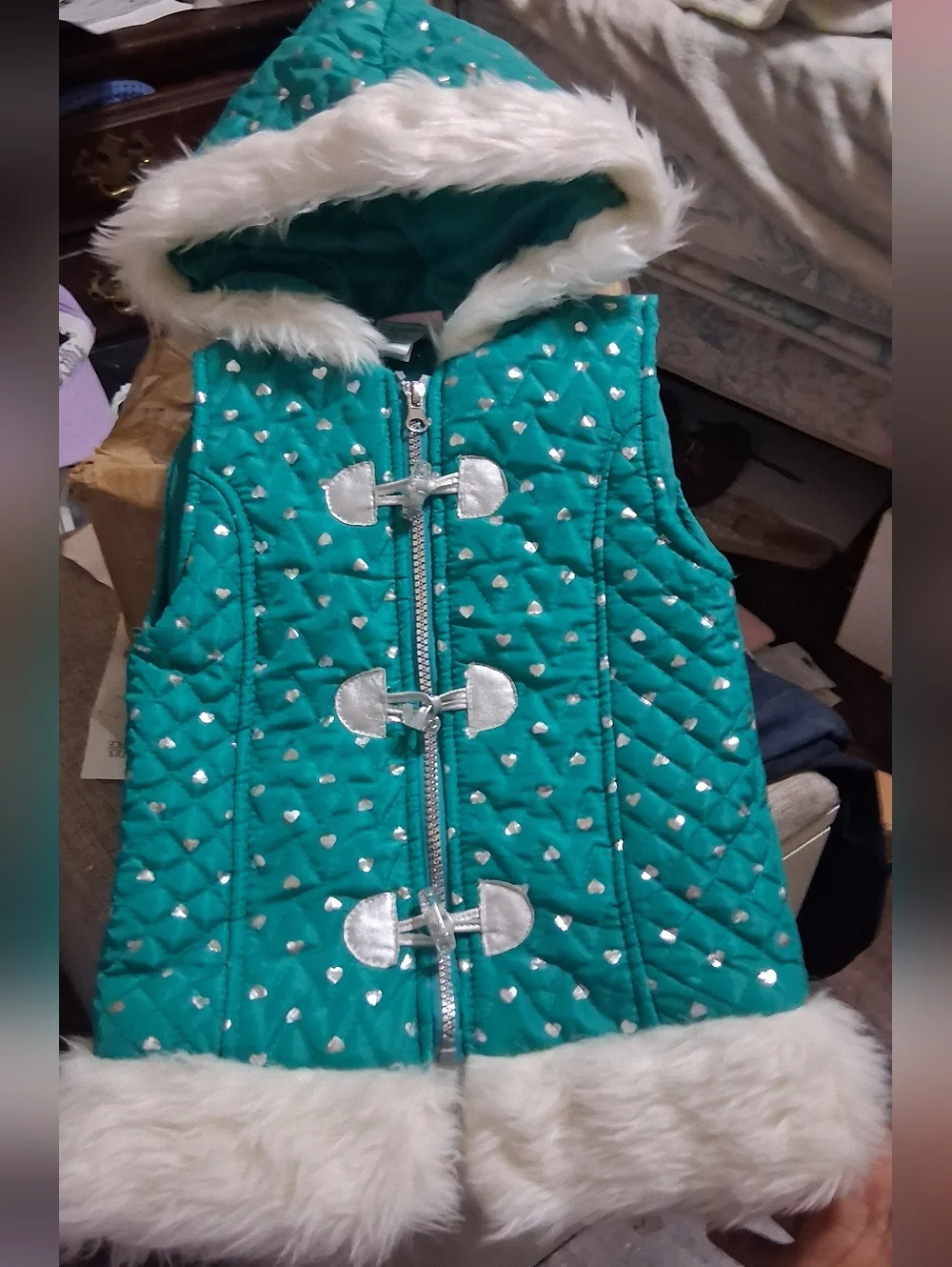LITTLE LASS Puffer Quilted Fur Hooded Jacket Vest NWT